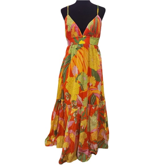 Farm Rio Red Neon Floral Tiered Cotton Maxi Dress Size XL - Picture 2 of 16